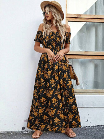 Rose's Boutiqe All About Women Kadın Kısa Kollu Madonna Yaka Yırtmaçlı çiçek Desenli Süprem Elbise