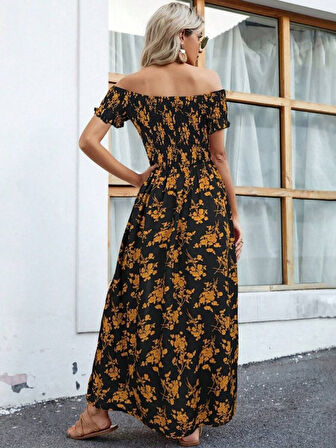 Rose's Boutiqe All About Women Kadın Kısa Kollu Madonna Yaka Yırtmaçlı çiçek Desenli Süprem Elbise