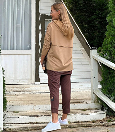 Rose's Boutiqe All About Women Kadın Kahve Kapşonlu Etek Ucu Detay Arma Ters Dikiş Gorunumlu Ikili Takım