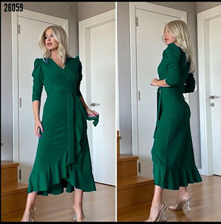Rose's Boutiqe All About Women Kadın Yeşil Krep Kumaş Midi Boy Kuşaklı Uzunkol Elbise