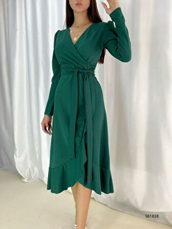 Rose's Boutiqe All About Women Kadın Yeşil Krep Kumaş Midi Boy Kuşaklı Uzunkol Elbise