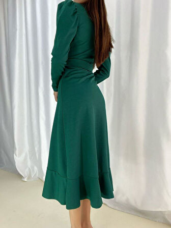 Rose's Boutiqe All About Women Kadın Yeşil Krep Kumaş Midi Boy Kuşaklı Uzunkol Elbise