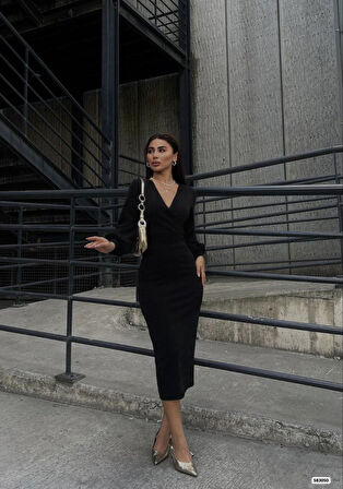 Rose's Boutiqe All About Women Kadın Uzun Kollu Kruvaze Yaka Büzgü Ve Balon Kol Detay Krep Kumaş Maxi Boy Elbise