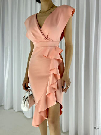 Rose's Boutiqe All About Women Scuba Kumaş Önü Fırfırlı Midi Boy Elbise