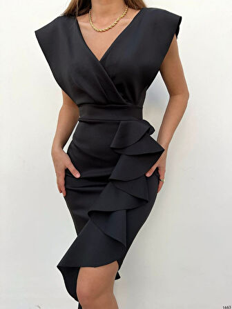 Rose's Boutiqe All About Women Scuba Kumaş Önü Fırfırlı Midi Boy Elbise