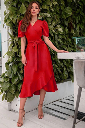 Rose's Boutiqe All About Women Kadın Kruvaze Yaka Midi Boy Kuşaklı Krep Elbise 120 Cm