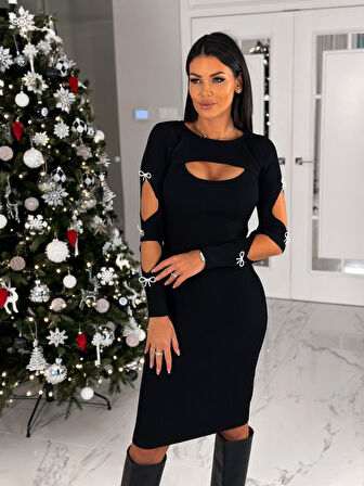 Rose's Boutiqe All About Women Kadın Dekolte Detaylı Scuba Dalgıç Kumaş Taş Aksesuarli Elbise