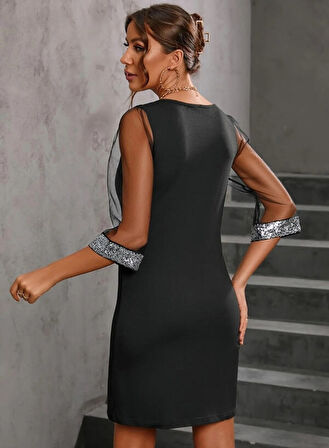 Rose's Boutiqe All About Women Kadın Fakir Kollu V Yaka Kollar Tüllü Yaka Ve Bilekler Payet Detay Krep Elbise