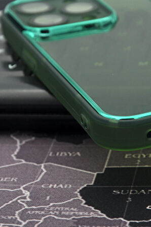 iPhone 12 Pro Max Uyumlu Yeşil Kenarlı Renkli Yarı Şeffaf Kapak Kılıf Kamera Lens Korumalı
