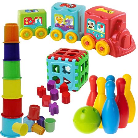 Eğlenceli Aktivite Treni + Bowling Seti + Bultak Küp + Sevimli Kule Eğitici Oyuncak Seti