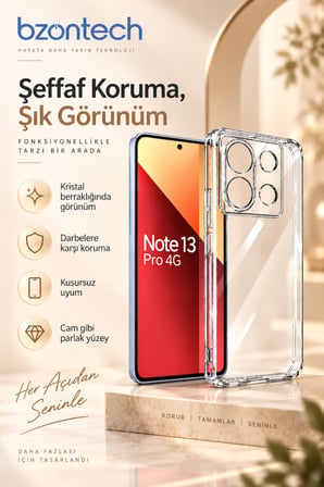 Redmi Note 13 Pro 4G Uyumlu Kılıf Şeffaf Kamera Korumalı 3D