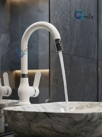 RUSTİK MODEL LÜX BANYO LAVABO BATARYASI PİRİNÇ GÖVDE BEYAZ-KROM