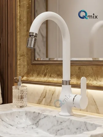 RUSTİK MODEL LÜX BANYO LAVABO BATARYASI PİRİNÇ GÖVDE BEYAZ-KROM