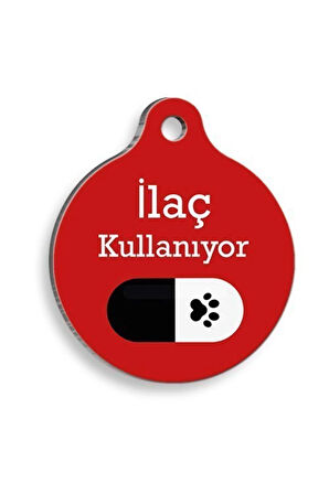 İlaç Kullanıyorum Siyah Hap Yuvarlak Kedi ve Köpek Künyesi Large: 3,8 cm.