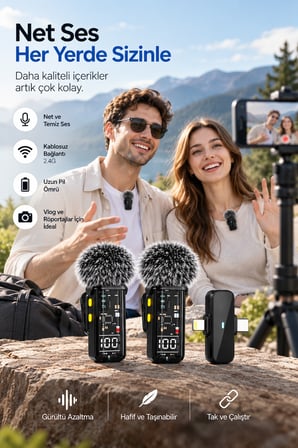 2.4G Kablosuz Çift Mikrofonlu Yaka Mikrofonu İçerik Üretim Seti