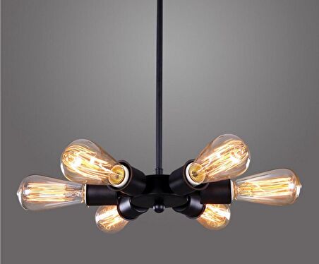 Retro Siyah Metal Dekoratif Altılı Sarkıt Avize Rustik 