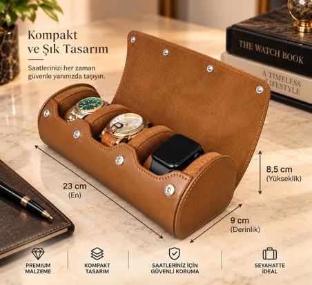 3'lü Çıtçıtlı Saat ve Takı Kutusu Pull Up Taba
