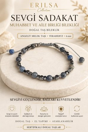 Sertifikalı Sevgi Sadakat Muhabbet ve Aile Birliği Bilekliği Angelit Melek Taşı Terahertz 6 mm