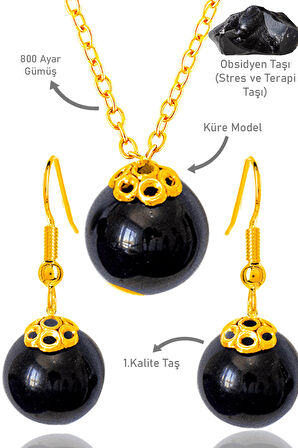 Sertifikalı Gold Küre Model Siyah Obsidyen Taşı Kolye ve Küpe Seti - Gümüş Aparatlı-min