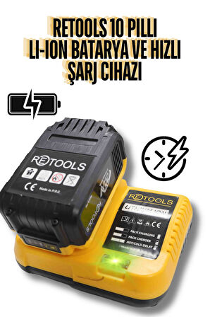 RETOOLS ULTRA HIZLI ŞARJ CİHAZI SARI VE 10 PİLLİ Lİ-İON BATARYA 21V/3.0AH EKONOMİK SET!