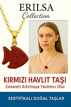 Sertifikalı Sarı Renkli Balık Model Kırmızı Havlit Taşı Kolye