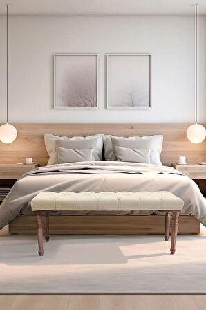 Gazzini Classic Torna Gürgen Ahşap Ayak Chester Model Kapitoneli Krem Puf Bench - Ceviz Ayak