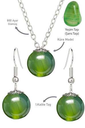 Sertifikalı Küre Model Yeşim Taşı Kolye Ve Küpe Seti - Gümüş Aparatlı
