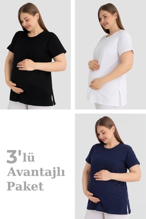 Özel Seri Sezon Şık Dökümlü Pamuklu Kısa Kollu Hamile Tişört 3'lü Paket