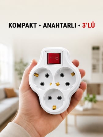Anahtarlı 3’lü Priz Çoğaltıcı Kablosuz Duvar Tipi Topraklı Priz Çoklayıcı