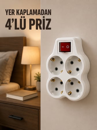 4’lü Priz Çoğaltıcı Açma Kapama Anahtarlı Kablosuz Duvar Tipi Priz Adaptörü