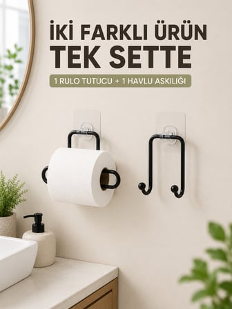 Pratik Yapışkanlı Rulo Kağıtlık ve Havlu Bez Askılığı 2 Parça Düzenleyici Set