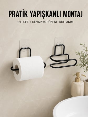 2 Adet Yapışkanlı WC Kağıtlık Siyah Metal Pratik Duvar Tipi Rulo Tutucu