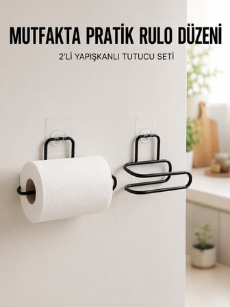 2’li Siyah Metal Rulo Kağıt Tutucu Yapışkanlı Banyo ve Mutfak Kağıtlık