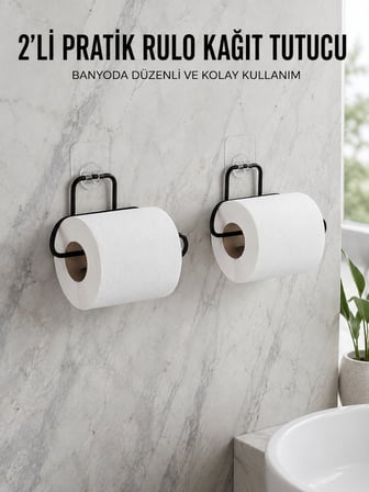 2 Adet Siyah Yapışkanlı Kağıtlık Duvar Tipi Tuvalet Kağıdı ve Rulo Tutucu