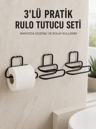 3’lü Yapışkanlı Tuvalet Kağıdı Tutucu Seti Siyah Duvar Tipi Rulo Kağıtlık