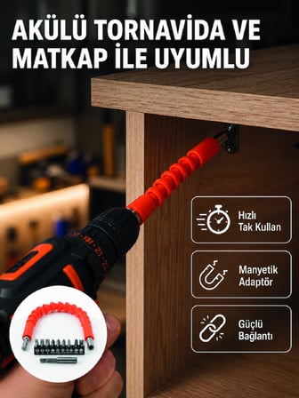 Esnek Bits Uç Seti 12 Parça Manyetik Adaptörlü Matkap Tornavida Aksesuarı