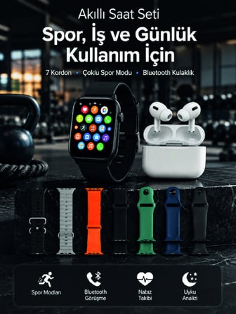 Akıllı Saat, Bluetooth Kulaklık ve 7 Farklı Kordon Tek Kutuda Günlük Kullanım ve Spor İçin