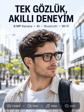 Siyah 8 MP Kameralı Akıllı Gözlük Bluetooth Wi-Fi Bağlantılı Fotoğraf Video Ses Kayıtlı AI Destekli 3 Lensli