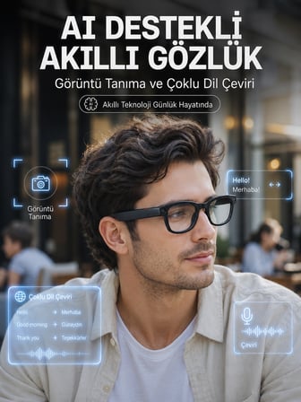 Siyah 3 Lensli Akıllı Kamera Gözlüğü 8 MP Fotoğraf Video Çekim AI Görüntü Tanıma Bluetooth Dokunmatik Kontrollü