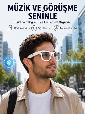 Kameralı Akıllı Gözlük Bluetooth Telefon Görüşmeli Video Fotoğraf Kayıtlı AI Çeviri Destekli Dokunmatik Kontrollü