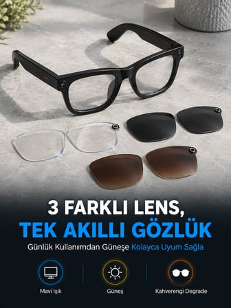 Siyah Akıllı Kamera Gözlüğü Fotoğraf Video Çekimli Bluetooth Aramalı AI Destekli 3 Değiştirilebilir Lensli