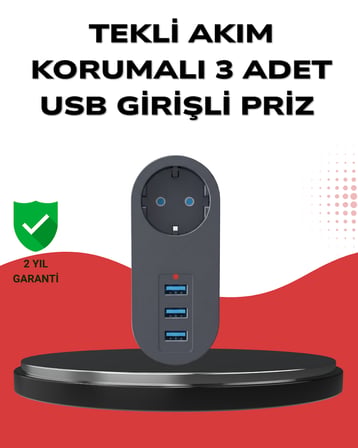 Isıya Dayanıklı 3 USB Portlu Güvenlikli Priz – Akıllı Enerji Yönetimi