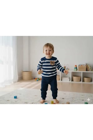 Bebek&Çocuk Uzun Kollu Çizgili Ayıcık Panç Nakışlı Mevsimlik Alt Üst Takım Hediyelik