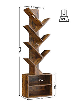 6 Katlı Kitaplık Depolama Dolaplı, Dar ve Uzun Ağaç Kitaplık | Modern Rustik Kahverengi Kitap Düzenleyici