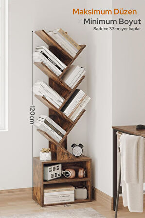 6 Katlı Kitaplık Depolama Dolaplı, Dar ve Uzun Ağaç Kitaplık | Modern Rustik Kahverengi Kitap Düzenleyici
