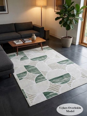 Krem Yeşil Modern Yıkanabilir Kabartmalı Kaymaz Taban Kesme Halı Yolluk