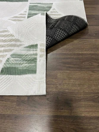 Krem Yeşil Modern Yıkanabilir Kabartmalı Kaymaz Taban Kesme Halı Yolluk