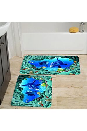 Dijital Baskı Yıkanabilir Kaymaz 2'li Banyo Paspası  RVG5037