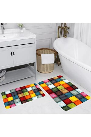 Dijital Baskı Yıkanabilir Kaymaz 2'li Banyo Paspası  RVG5135