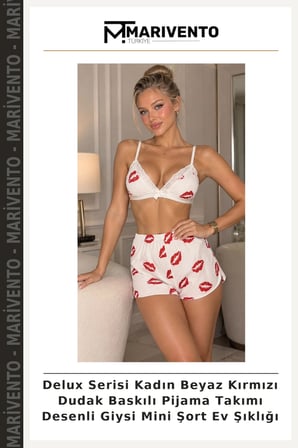 Delux Serisi Kadın Beyaz Kırmızı Dudak Baskılı Pijama Takımı Desenli Giysi Mini Şort Ev Şıklığı